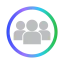 Gray icon of three people inside a circle with a gradient border from blue to green.