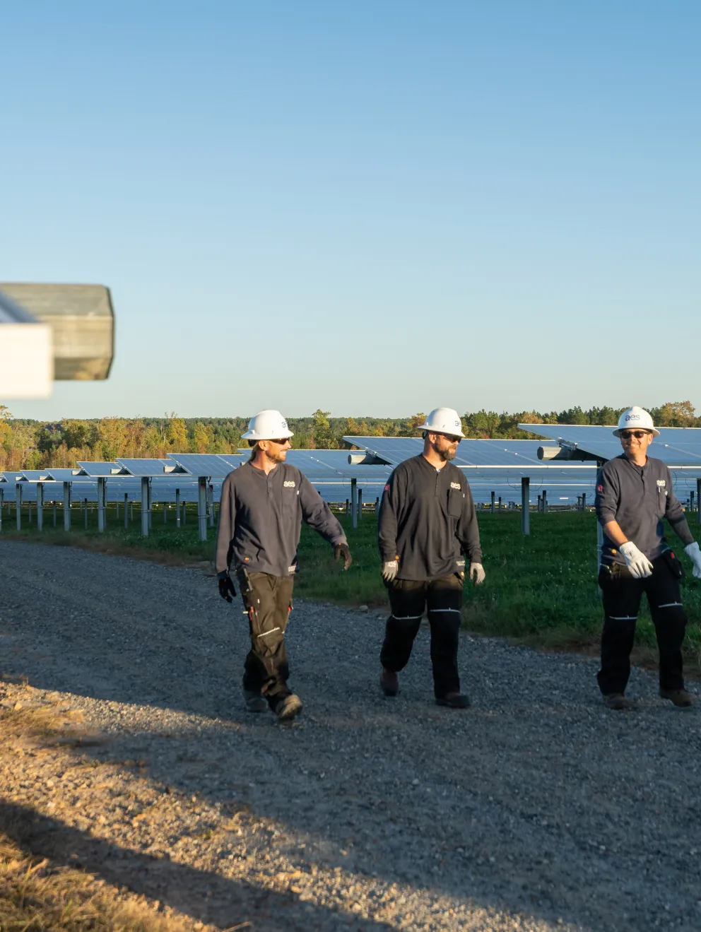 Three workers wearing hard hats walk along a path between rows of solar panels in a large solar farm under a clear blue sky.