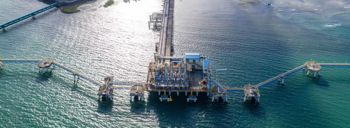 Aerial view of an industrial facility by the water, featuring a large circular storage tank, multiple buildings, and pipelines extending over the water. The facility is surrounded by greenery and has a dock with equipment extending into the sea.