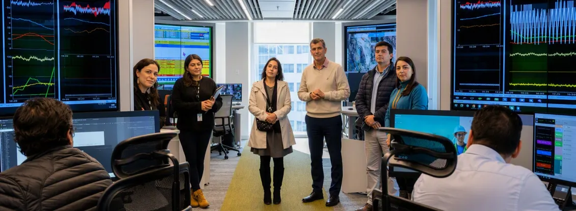 A group of professionals standing in a modern control center filled with monitors displaying data graphs.