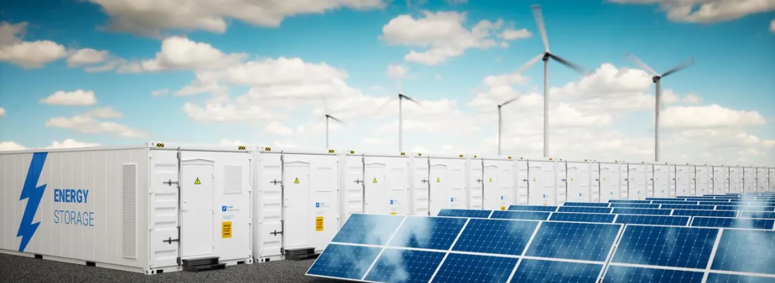Image of an energy storage facility featuring rows of white containers labeled 'Energy Storage' with a blue lightning bolt symbol. In the foreground, there are several solar panels, and in the background, wind turbines are visible under a partly cloudy sky.