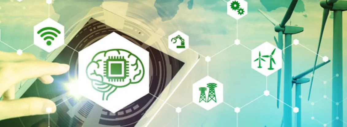 A digital illustration showing a hand interacting with a tablet displaying a brain with a microchip. Surrounding icons represent technology and renewable energy, including wind turbines and connectivity symbols.