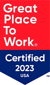 Great Place to Work Certified 2023 USA badge with red top and blue bottom.