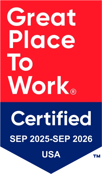 Great Place to Work Certified badge for the USA, valid from September 2025 to September 2026, with a red and blue design and bold white text.