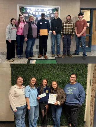 Group photos of AES Staff and FFA Chapters receiving a recognition letter as a grant winner. 