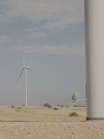 A series of wind turbines in a desert landscape with a clear sky. A person climbs stairs on a turbine, and a white truck is parked nearby.