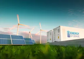 A landscape featuring solar panels, wind turbines, and a white container labeled 'Energy Storage' on a grassy field under a blue sky.