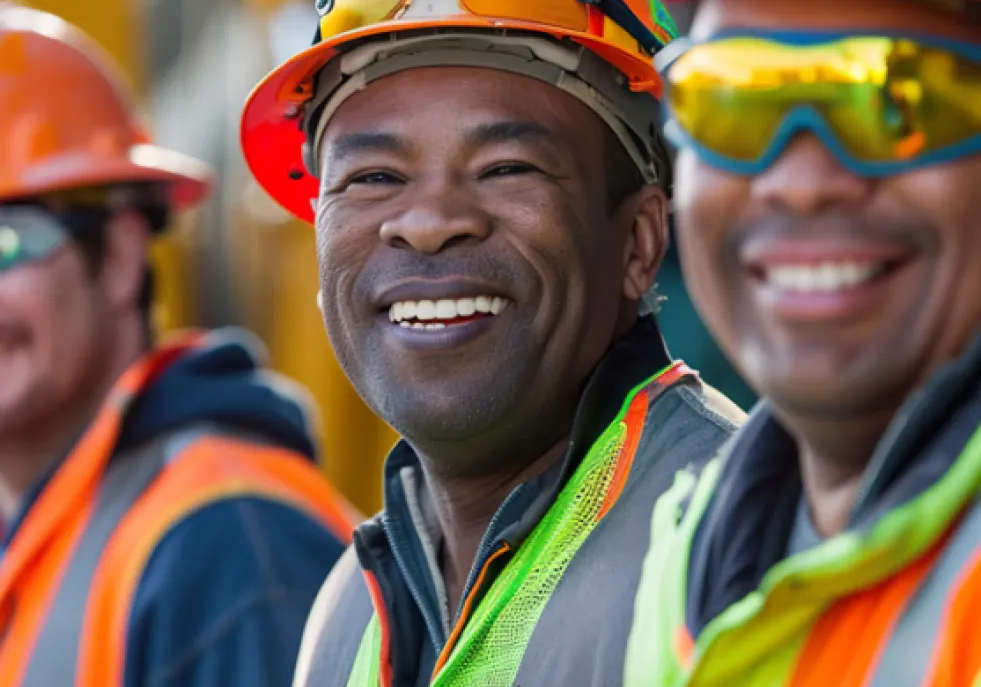 Three construction workers wearing safety vests, hard hats, and safety glasses are smiling outdoors at a work site. The focus is on the central worker who is looking at the camera, conveying a positive and friendly atmosphere.