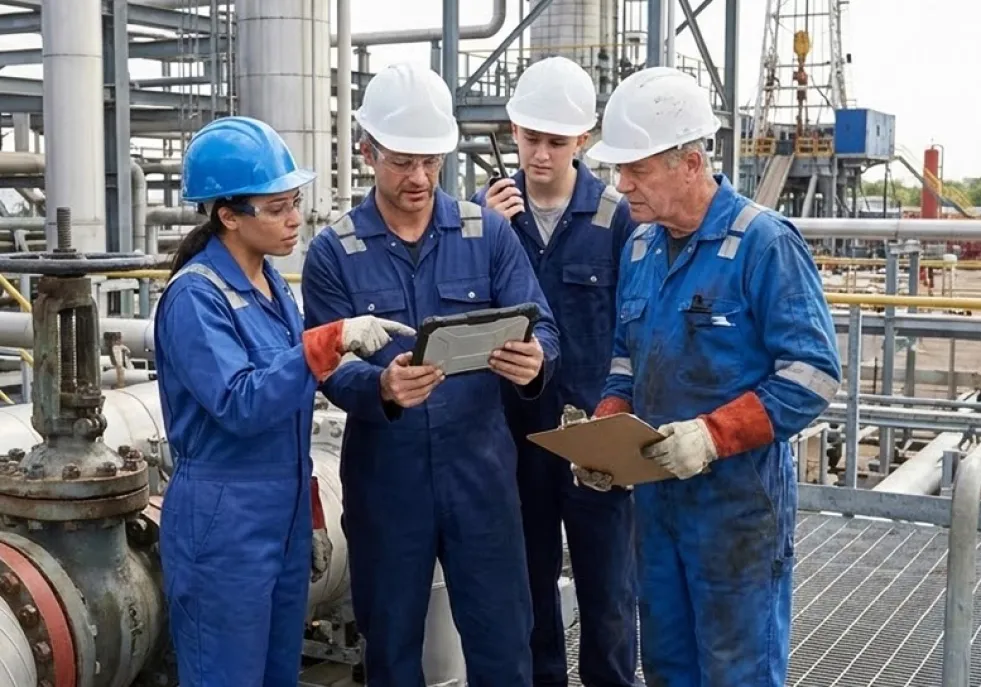 Cuatro trabajadores industriales con monos azules y cascos blancos conversan en una refinería. Uno sostiene una tableta mientras otro señala la pantalla y un tercero lleva un portapapeles. Están rodeados de tuberías y maquinaria metálica.