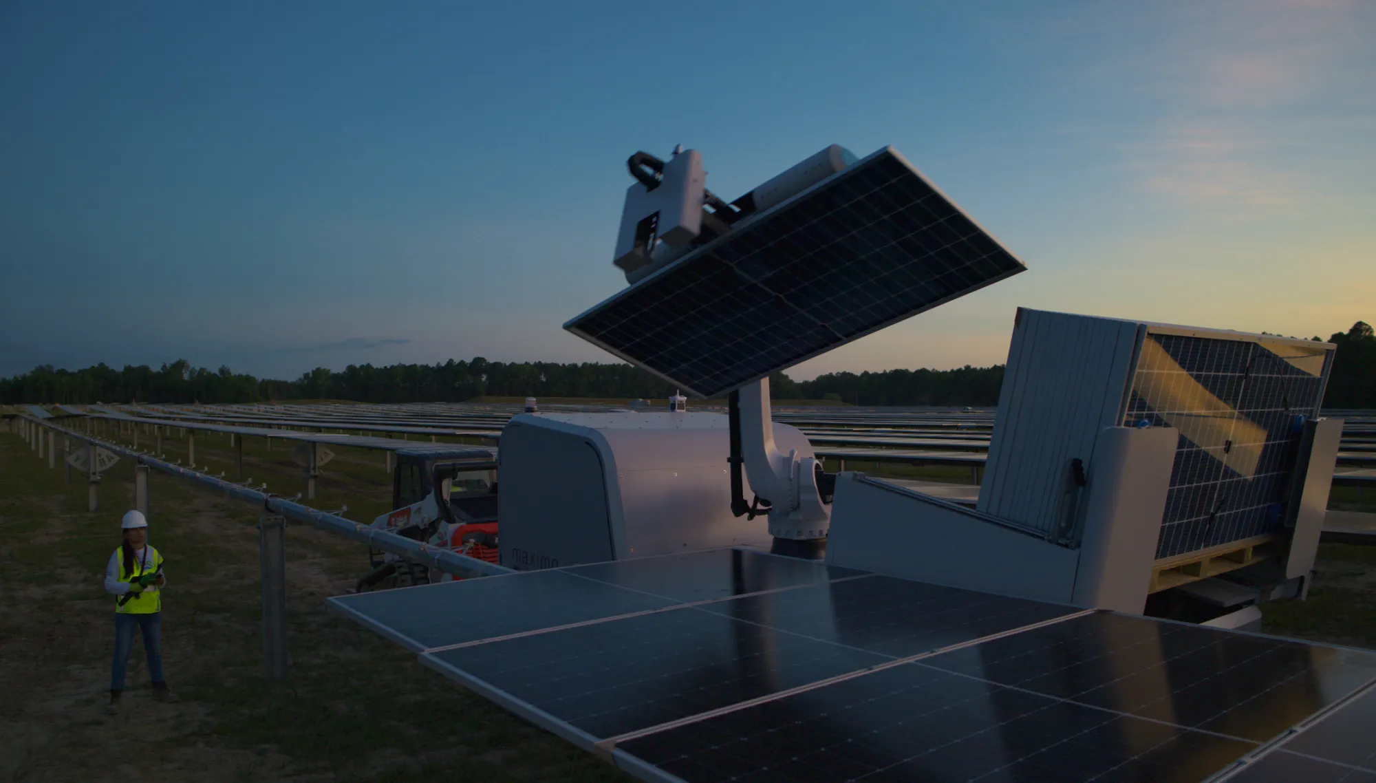 A large solar panel installation at sunset with a worker in a hard hat and reflective vest operating equipment. The panels are mounted on a robotic arm, and rows of panels are visible in the background.
