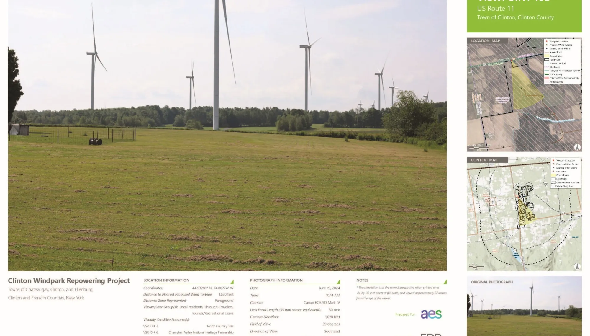 Conceptual photosimulation of Clinton Windpark Repowering Project featuring several wind turbines on a grassy field. Includes maps and project information on the right side detailing location and context.