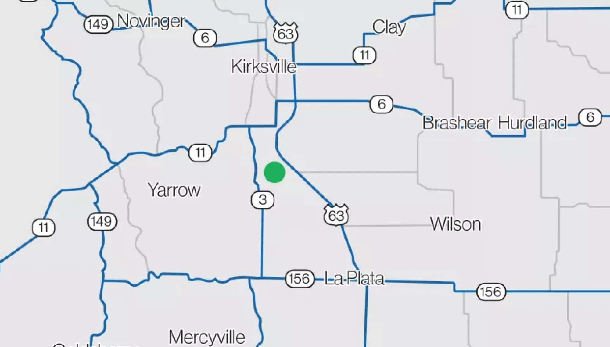 Map showing roads and towns in a region. Key locations include Kirksville, Novinger, Yarrow, La Plata, Brashear, Hurdland, and Wilson. Major roads are marked with numbers such as 63, 11, 6, 156, and 149. A green dot is located near the intersection of roads 3 and 63.