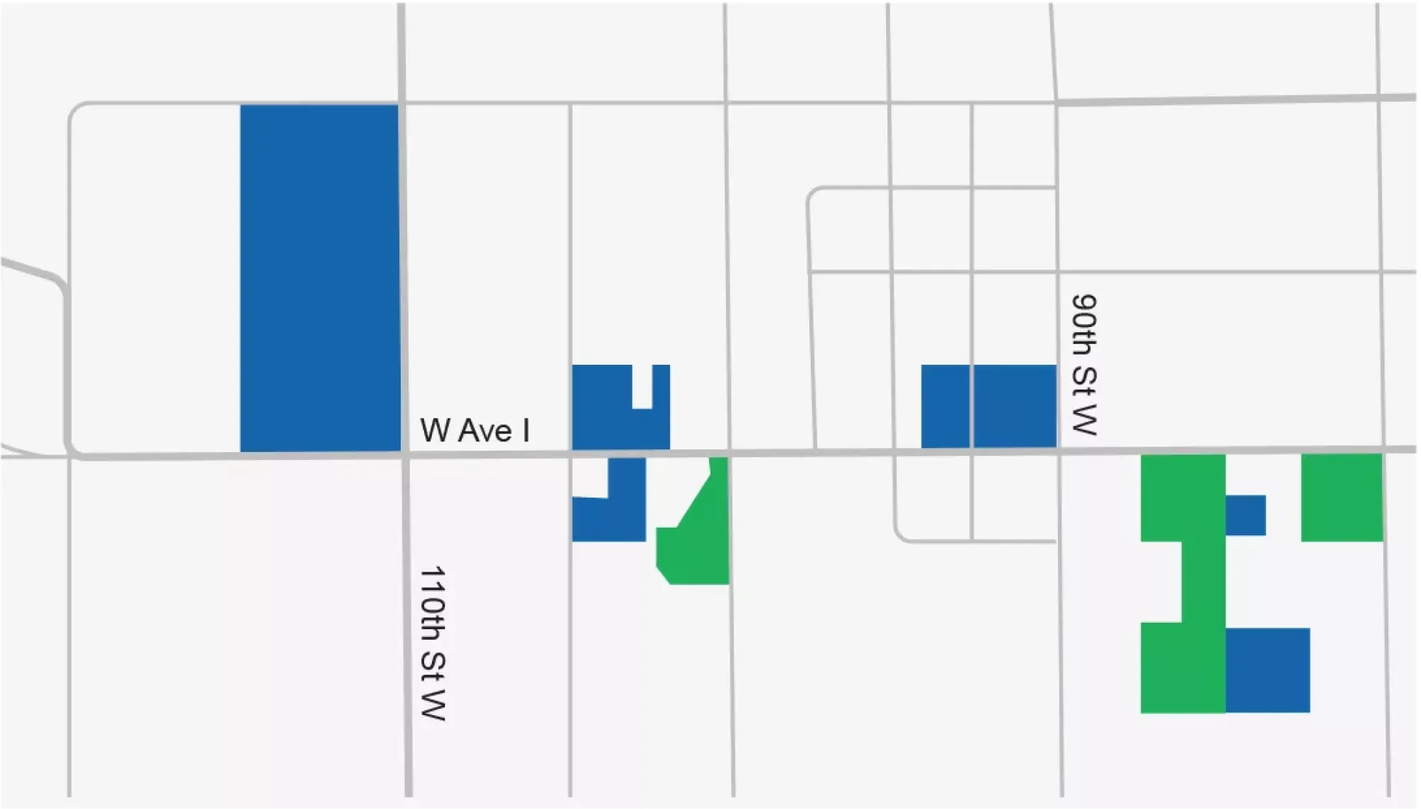 A map showing a grid layout with labeled streets: W Ave I, 110th St W, and 90th St W. Blue and green blocks represent different areas along the streets.