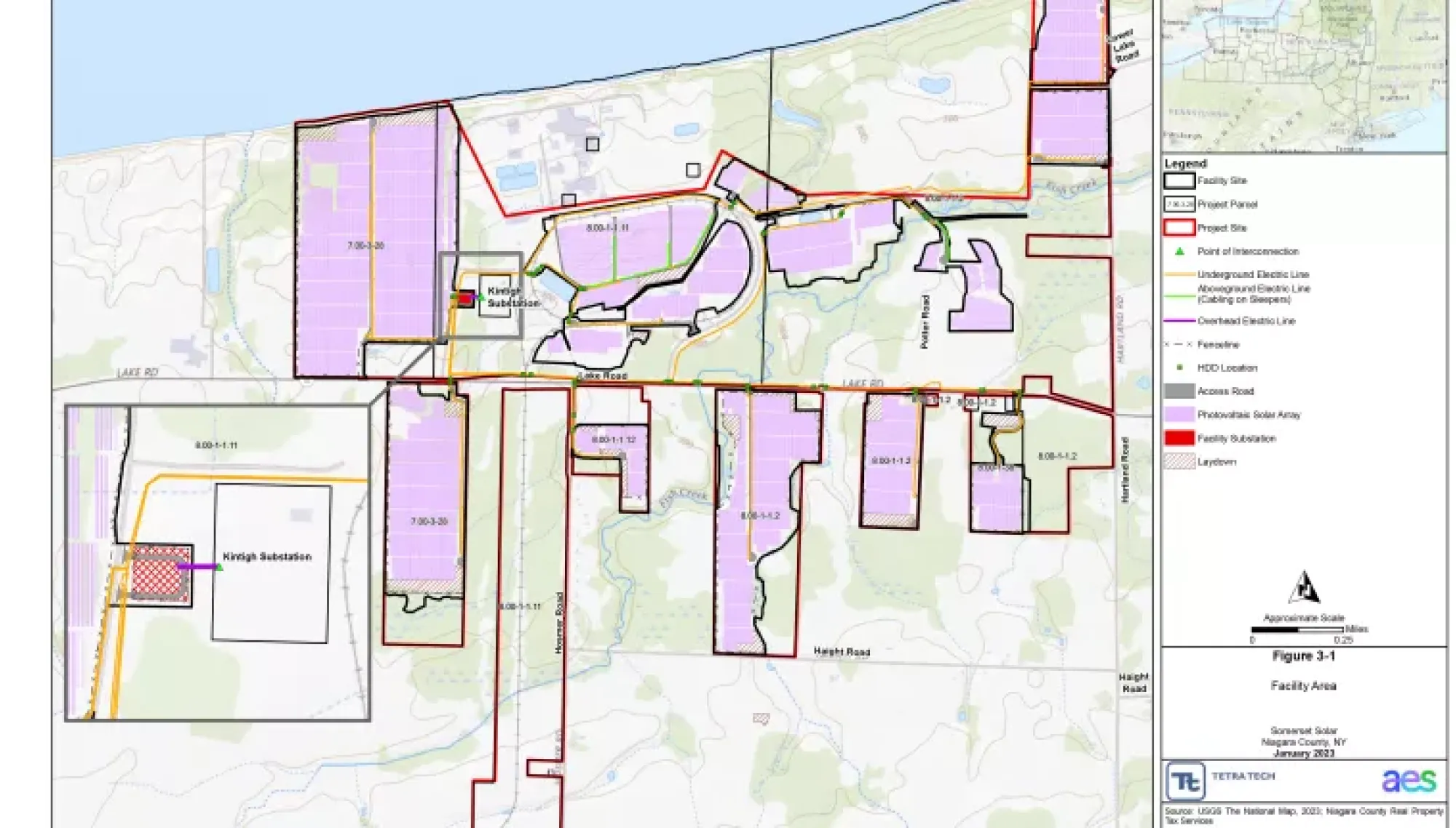Map showing a facility area with various plots marked in purple, labeled with numbers. The map includes roads, a substation labeled 'Knight Substation,' and a legend indicating project panels, underground electric lines, and other features. A scale and north arrow are present.