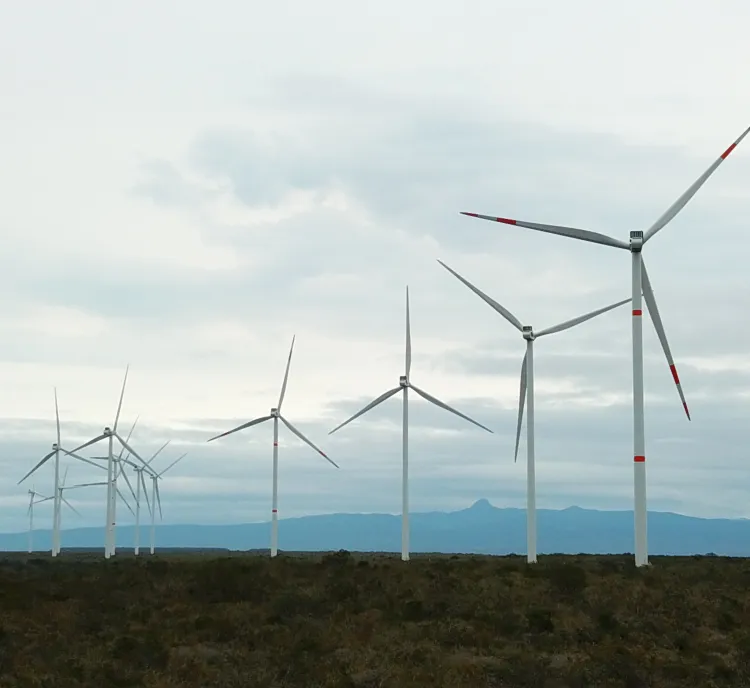 A row of wind turbines on a grassy landscape under a cloudy sky, with mountains visible in the background.