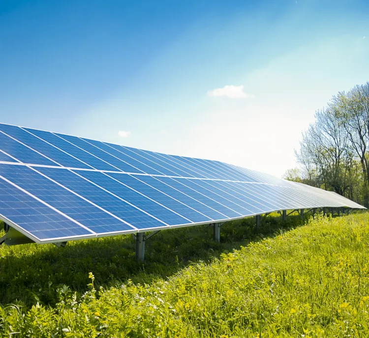 A row of solar panels in a green field under a clear blue sky.