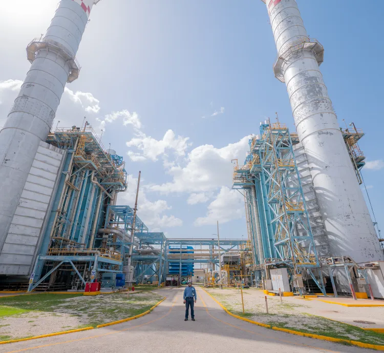 A lone worker standing on a path between two massive industrial smokestacks at a power plant under a clear blue sky.