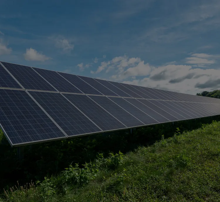 Large array of solar panels in a green field under a blue sky with clouds.