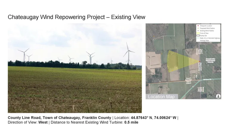 Image showing the Chateaugay Wind Repowering Project with several wind turbines in a field under a cloudy sky. A map on the right indicates the location of existing and proposed turbines in Franklin County, with a highlighted cone of view.