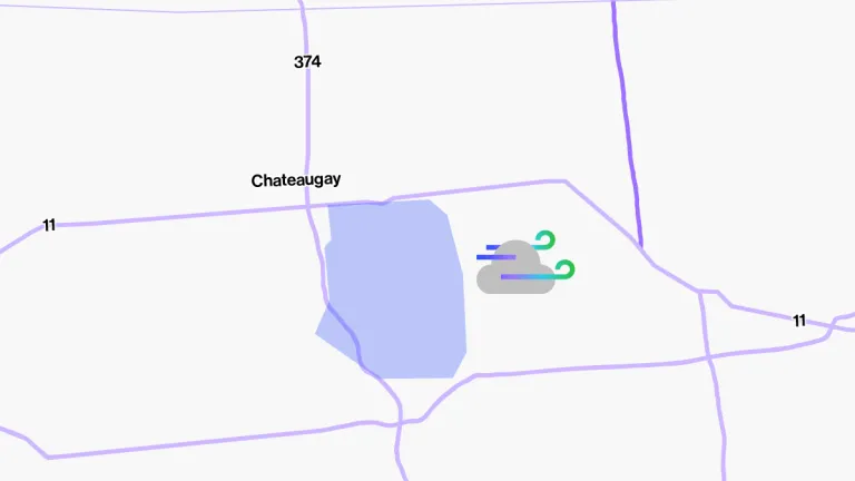 Map showing roads and locations including Hinchinbrooke, Franklin, Saint Antoine Abbé, and Chateauguay. A cloud icon with wind lines is near Chateauguay.