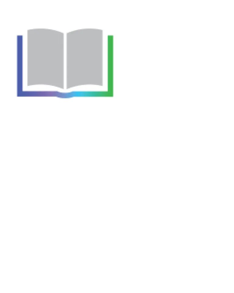 Simple icon of an open book with a blue and green outline on a white background.