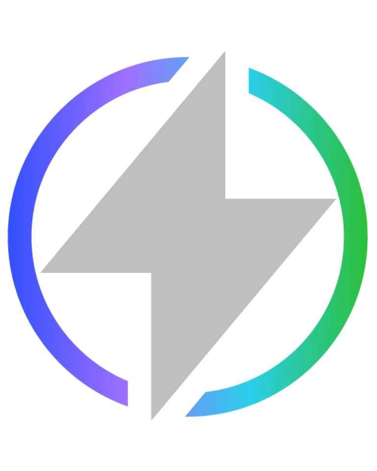 A gray lightning bolt inside a circular gradient ring transitioning from purple to green.