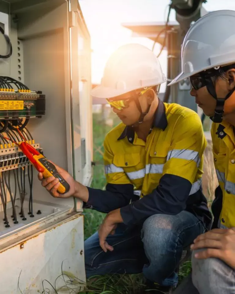 Two workers in yellow safety gear and helmets inspect electrical equipment outdoors using a multimeter.