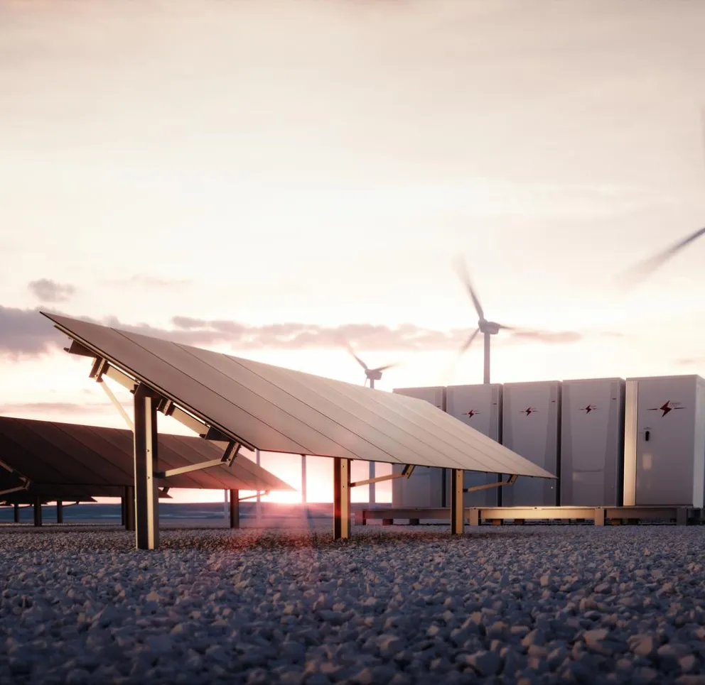 A renewable energy farm at sunset featuring rows of solar panels and wind turbines. The sky is softly lit with clouds, creating a serene atmosphere.