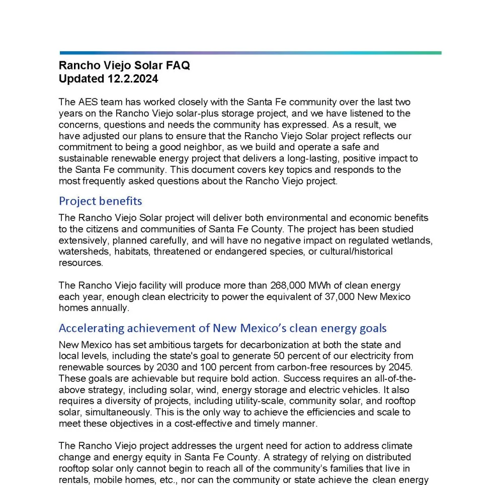 Rancho Viejo Solar FAQ document 