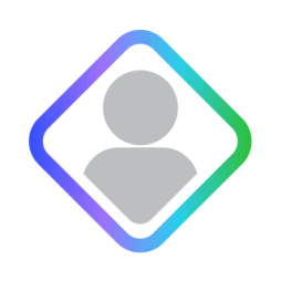 Gray user icon inside a diamond-shaped frame with a gradient border.