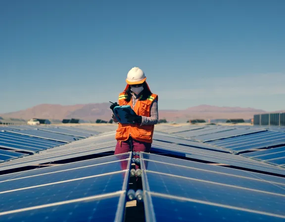 A person wearing an orange safety vest and white helmet stands on a solar panel field, holding a tablet device. The background shows a clear blue sky and distant mountains.
