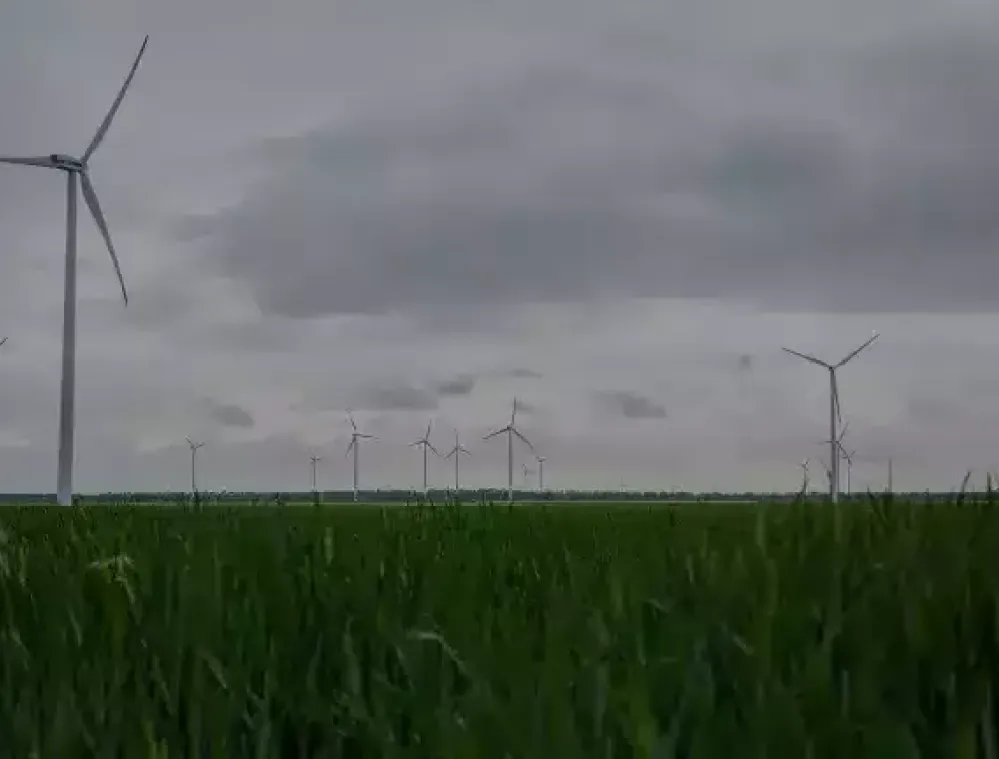 Wind turbines in a green field under a cloudy sky, generating renewable energy.