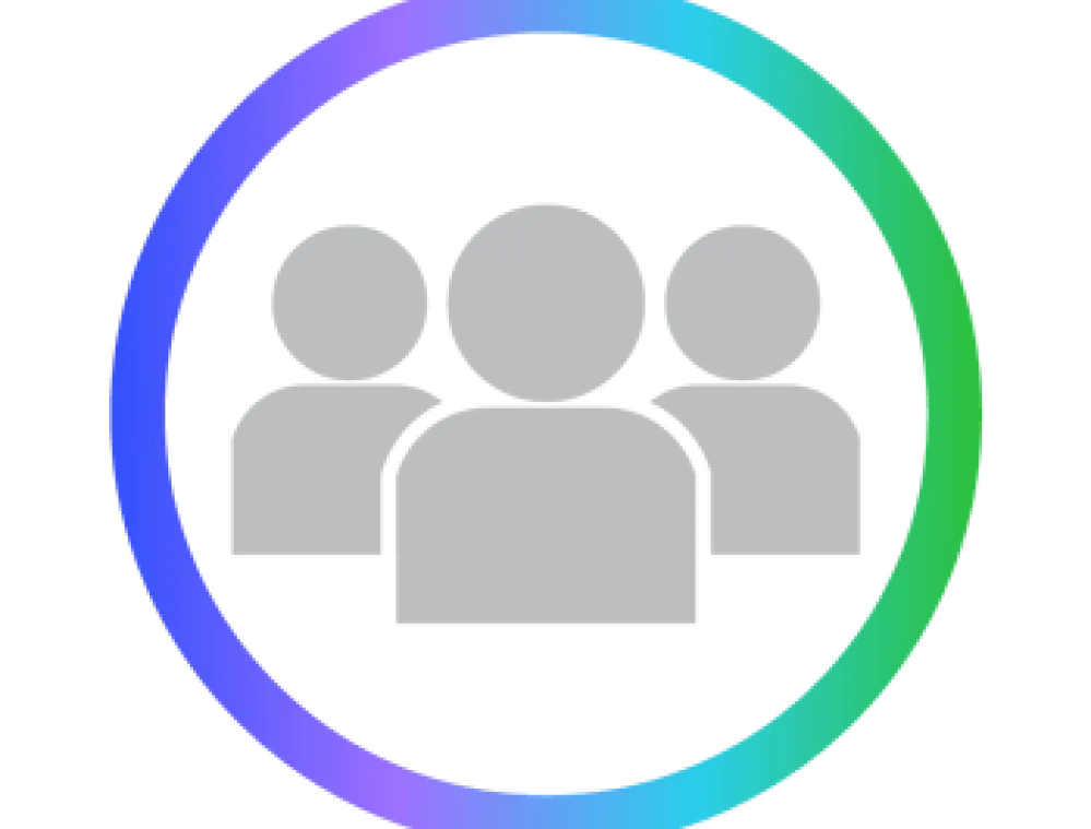 Icon showing three gray human figures inside a circular border with a gradient color from blue to green, representing a group or community.