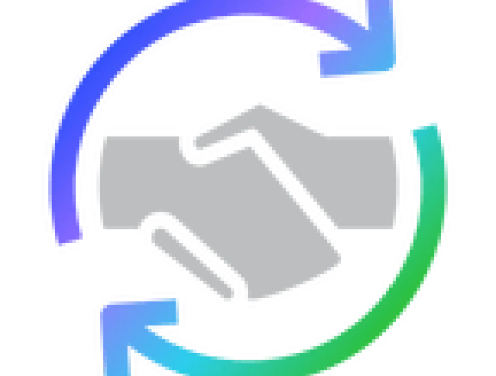 Two hands shaking in agreement, surrounded by a circular arrow with blue and green gradients, symbolizing partnership and continuous collaboration.