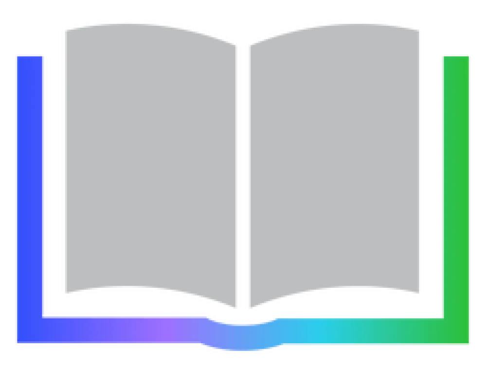 Icon of an open book with a gradient outline transitioning from blue to green.