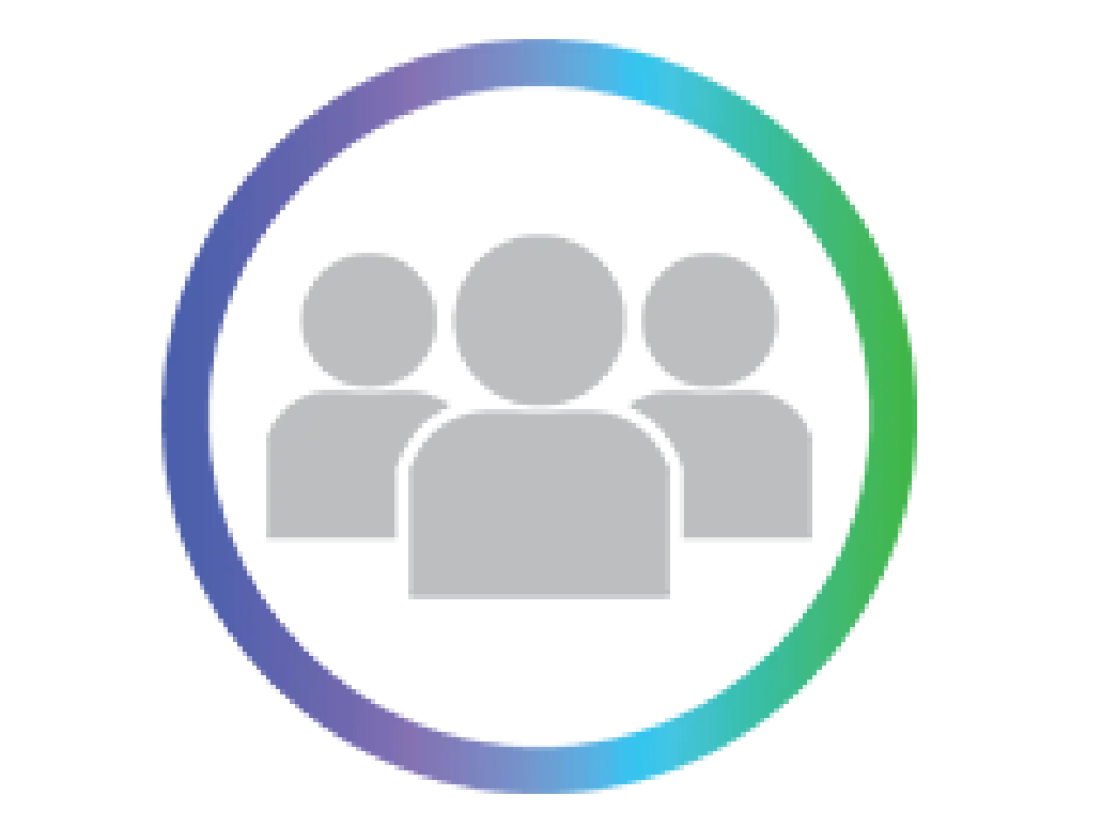 Icon of three gray human figures inside a circular gradient border, representing a group or community.