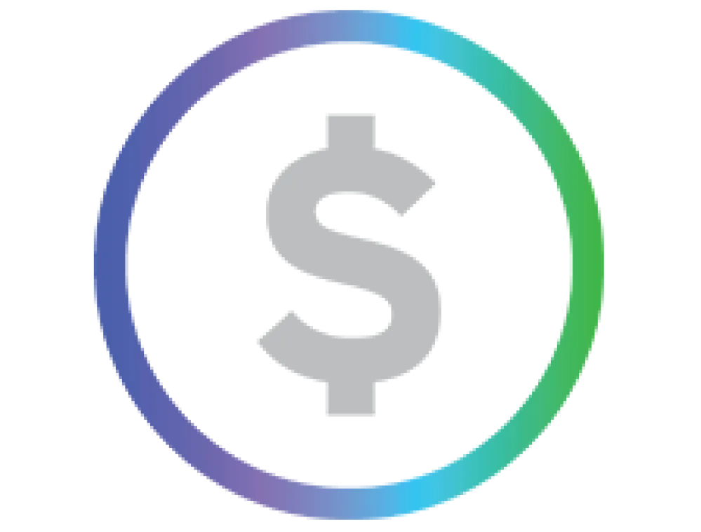 Gray dollar sign symbol inside a circular gradient border with blue, purple, and green colors on a black background.