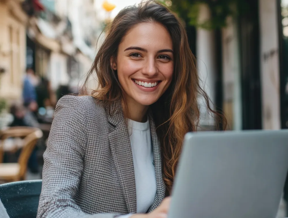 Young professional working on a laptop at an outdoor café table, with seating and storefronts visible in the background.