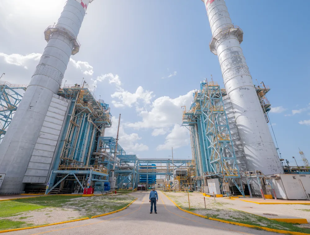 A lone worker standing on a path between two massive industrial smokestacks at a power plant under a clear blue sky.