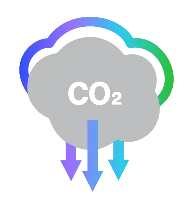 Illustration of a gray cloud with 'CO2' written inside, surrounded by a multicolored outline, with three arrows pointing downward in purple, blue, and cyan.