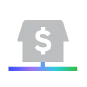Icon of a house with a dollar sign on it, placed on a line with gradient colors from purple to green.