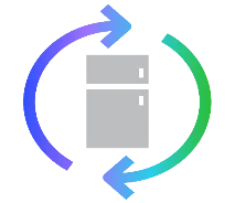 Icon of a gray refrigerator with two doors, surrounded by a circular gradient arrow from blue to green, symbolizing recycling or sustainability.