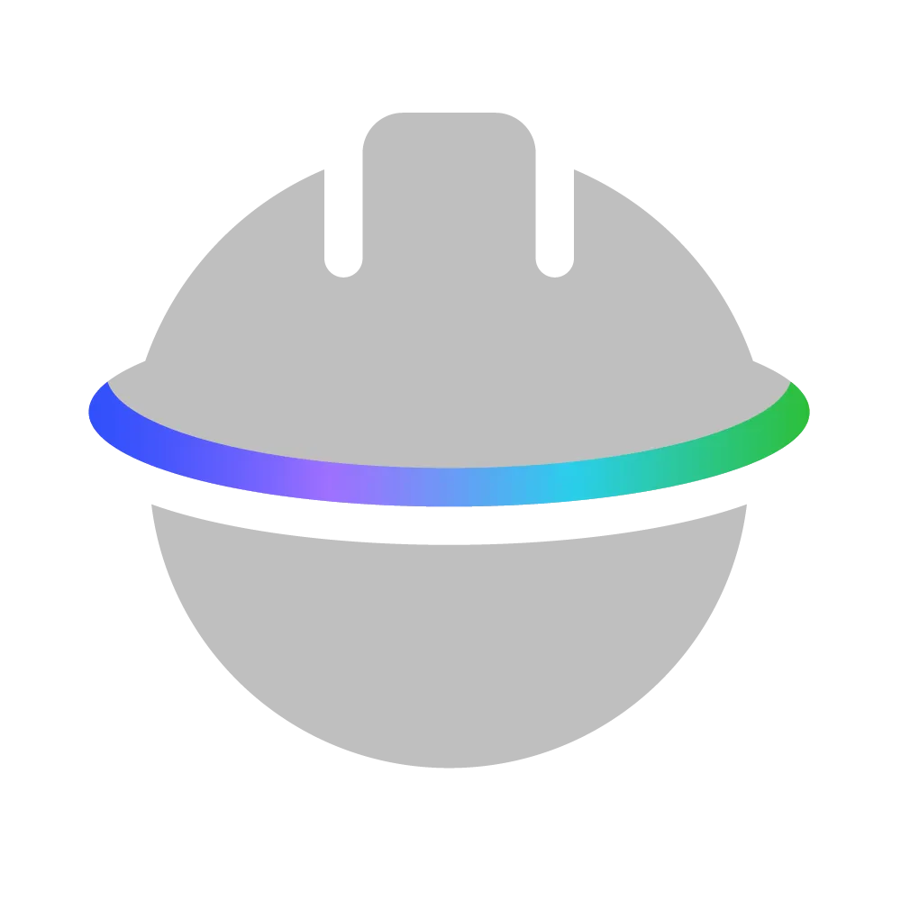 A gray helmet icon with a colorful gradient band in blue, purple, and green across the middle.