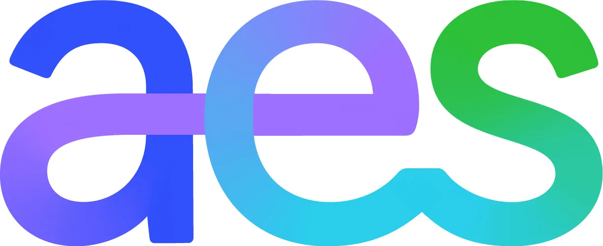 Colorful gradient logo with lowercase letters 'aes' in blue, purple, and green.