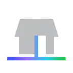 Simple gray house icon with a white door and a multicolored base on a black background.