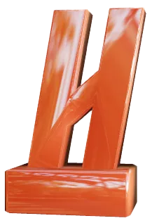 Glossy orange 3D letter H sculpture standing on a rectangular base with reflective surface.
