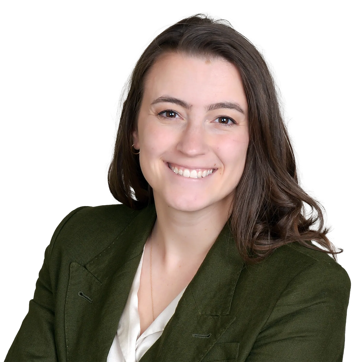 Dana Schultz headshot. Smiling woman with long brown hair wearing a green blazer and cream blouse, posing in front of a neutral gray background.