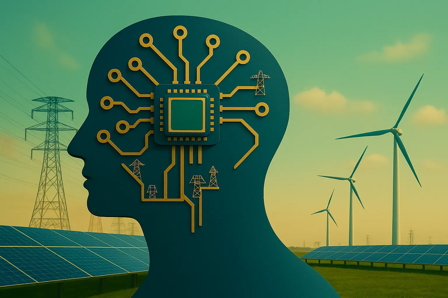 Illustration of a human head silhouette with a microchip and circuit lines symbolizing artificial intelligence, overlaid on a background of solar panels, wind turbines, and power lines representing renewable energy and smart technology.