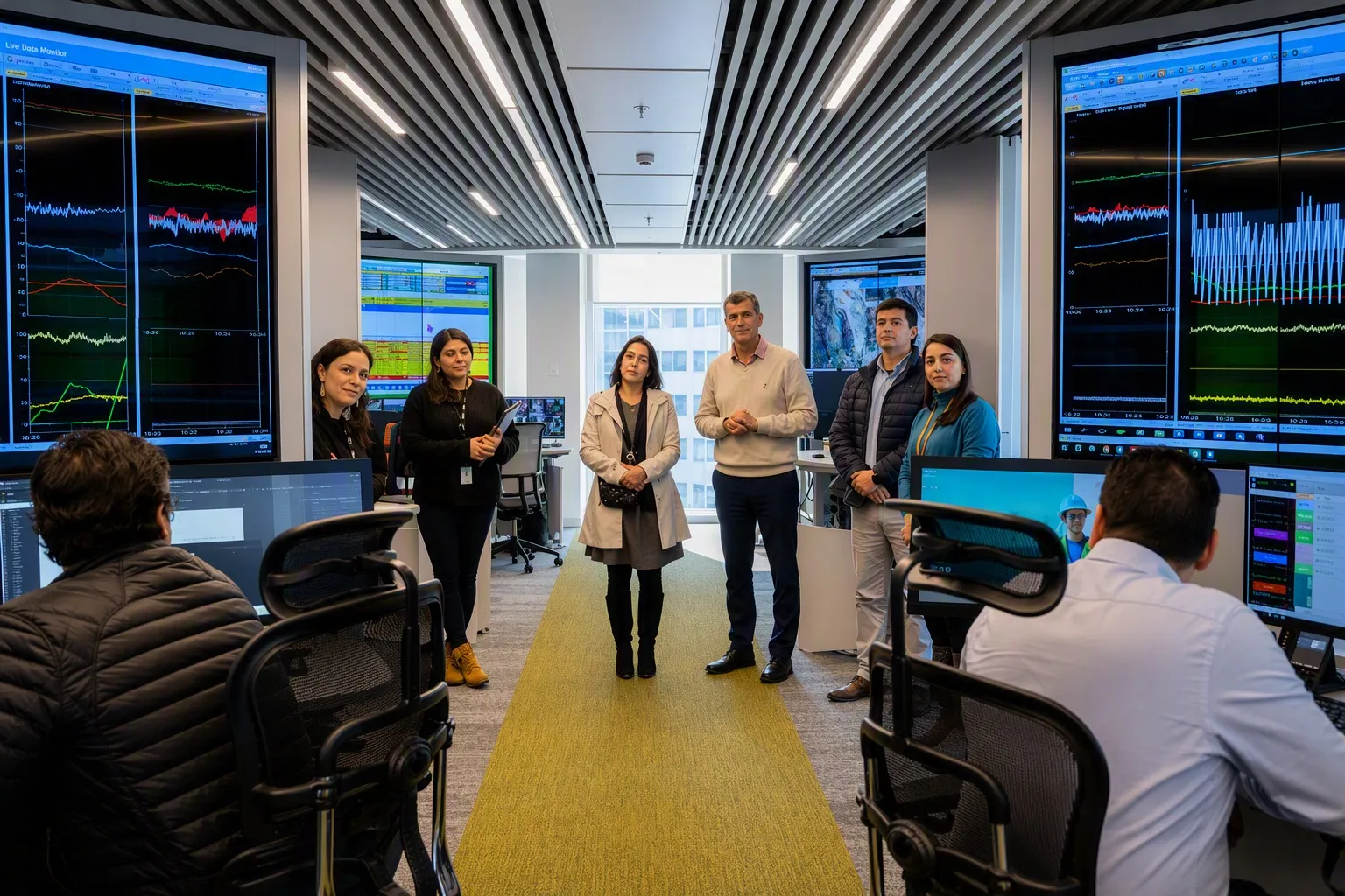 A group of professionals standing in a modern control center filled with monitors displaying data graphs.