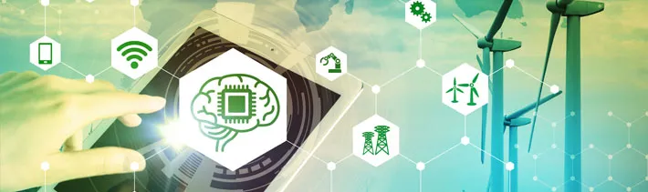 A digital illustration showing a hand interacting with a tablet displaying a brain with a microchip. Surrounding icons represent technology and renewable energy, including wind turbines and connectivity symbols.